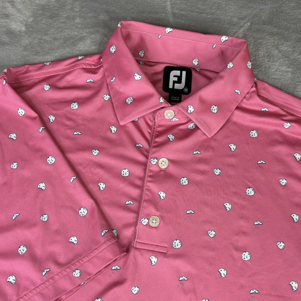FootJoy Polo Shirt Mens Medium Pink Cookie Print‎ Golf Performance Stretch